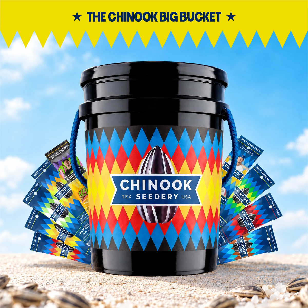 Chinook Seedery Big Bucket in the Original design with single serve sunflower seed bags