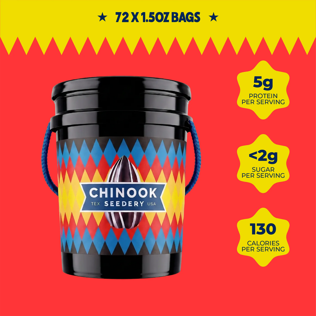 Chinook Seedery Big Bucket in the Original design holding 72 single serve 1.5 oz sunflower seed bags