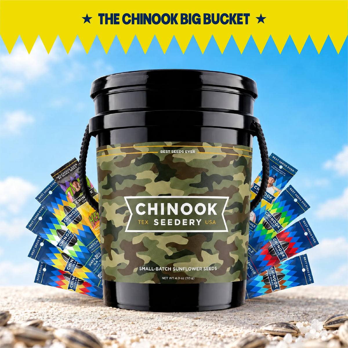 Chinook Seedery Big Bucket in the Camo design with single serve sunflower seed bags