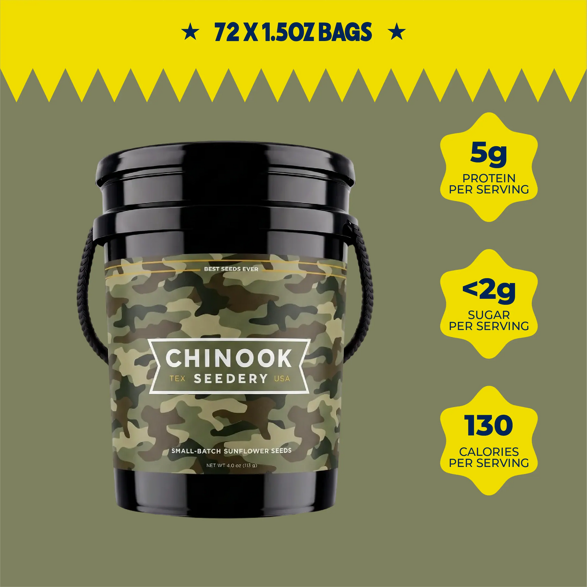 Chinook Seedery Big Bucket in the Camo design holding 72 single serve 1.5 oz sunflower seed bags