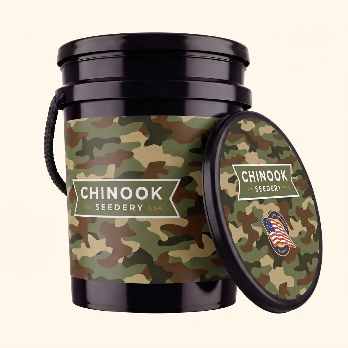 Camo Chinook Seedery Big Bucket with its lid