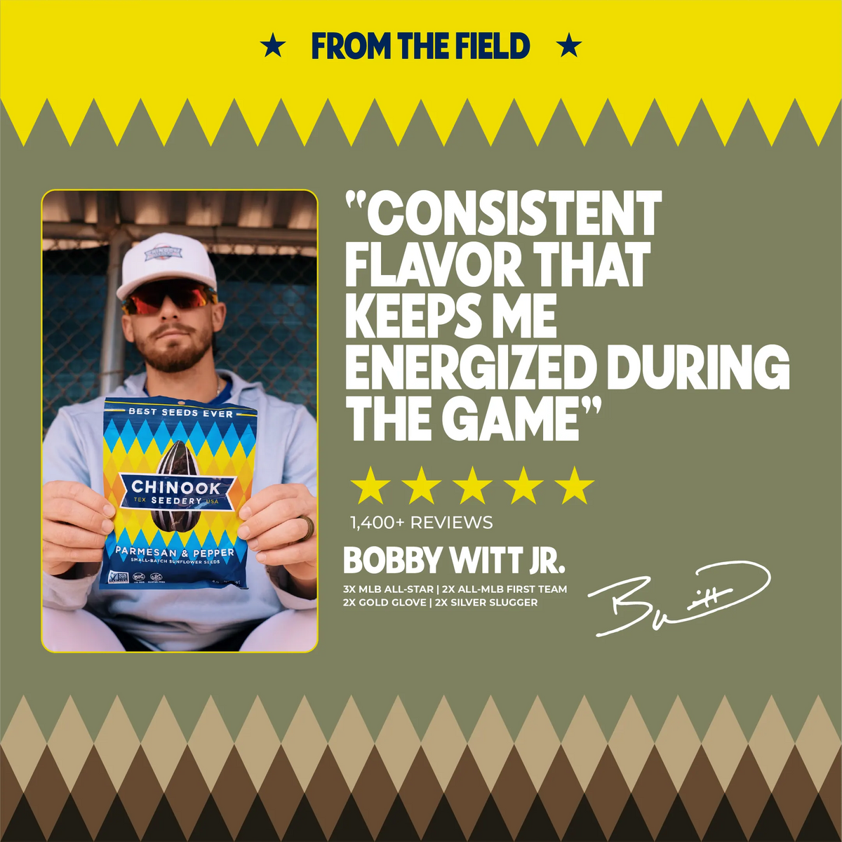 Bobby Witt Jr. holding a bag of Parmesan & Pepper sunflower seeds with his quote