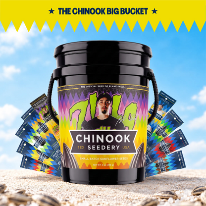Chinook Seedery Big Bucket in the Zilla design with single serve sunflower seed bags