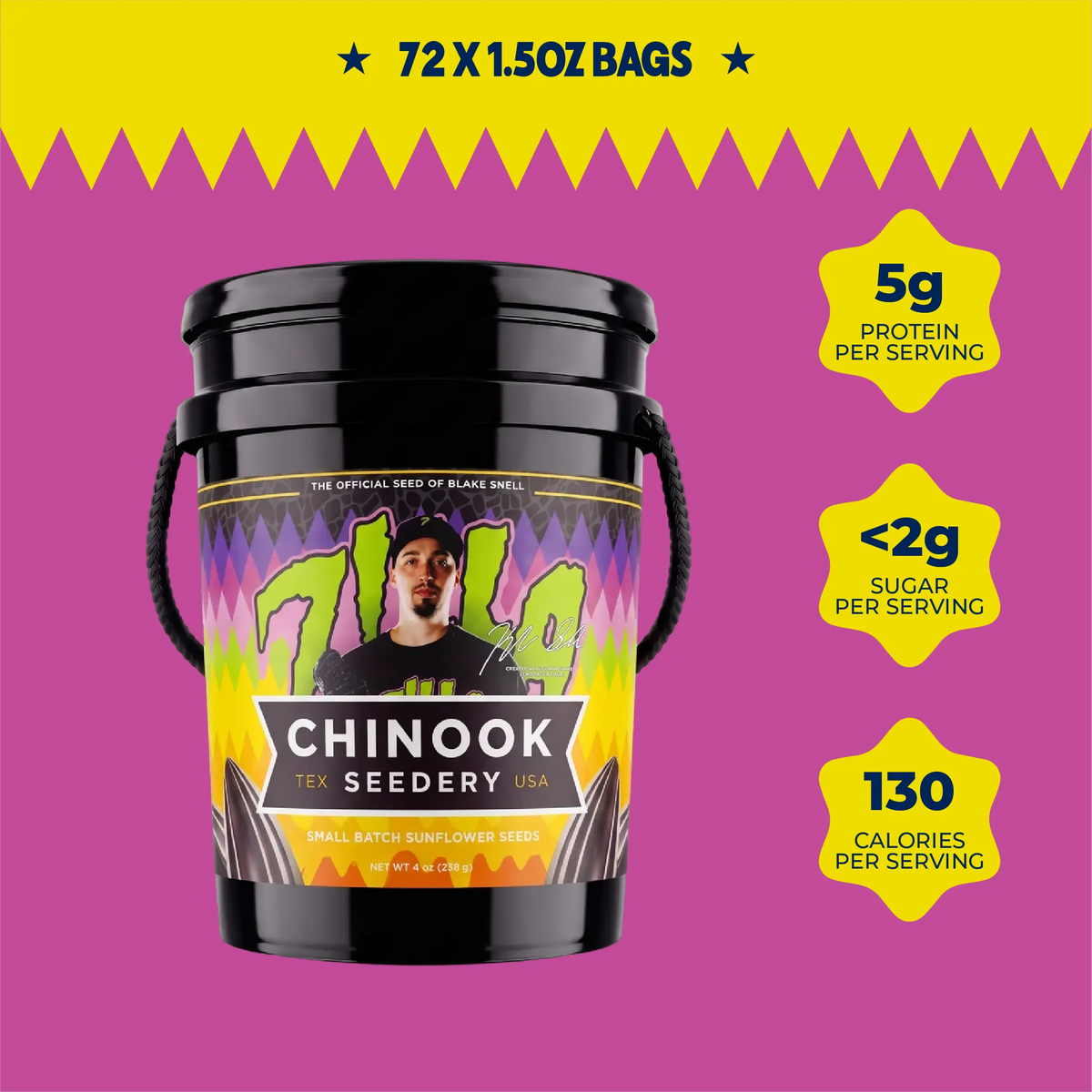 Chinook Seedery Big Bucket in the Zilla design holding 72 single serve 1.5 oz sunflower seed bags