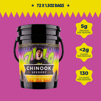 Chinook Seedery Big Bucket in the Zilla design holding 72 single serve 1.5 oz sunflower seed bags