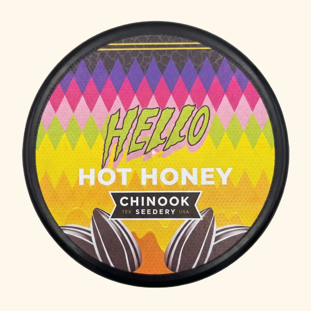 Top view of the Zilla Chinook Seedery Big Bucket lid with Hello Hot Honey artwork