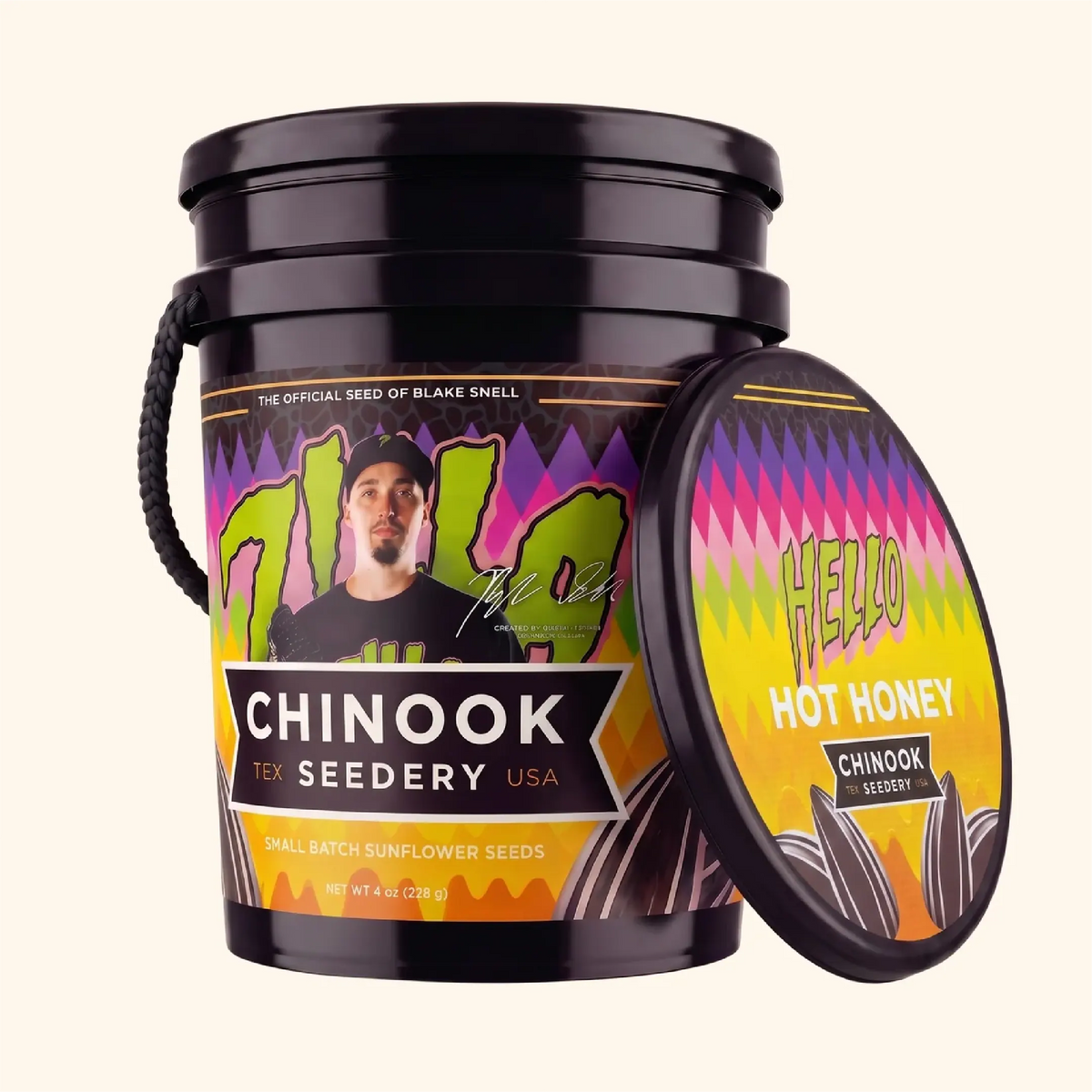 Zilla Chinook Seedery Big Bucket with its lid featuring Hello Hot Honey artwork
