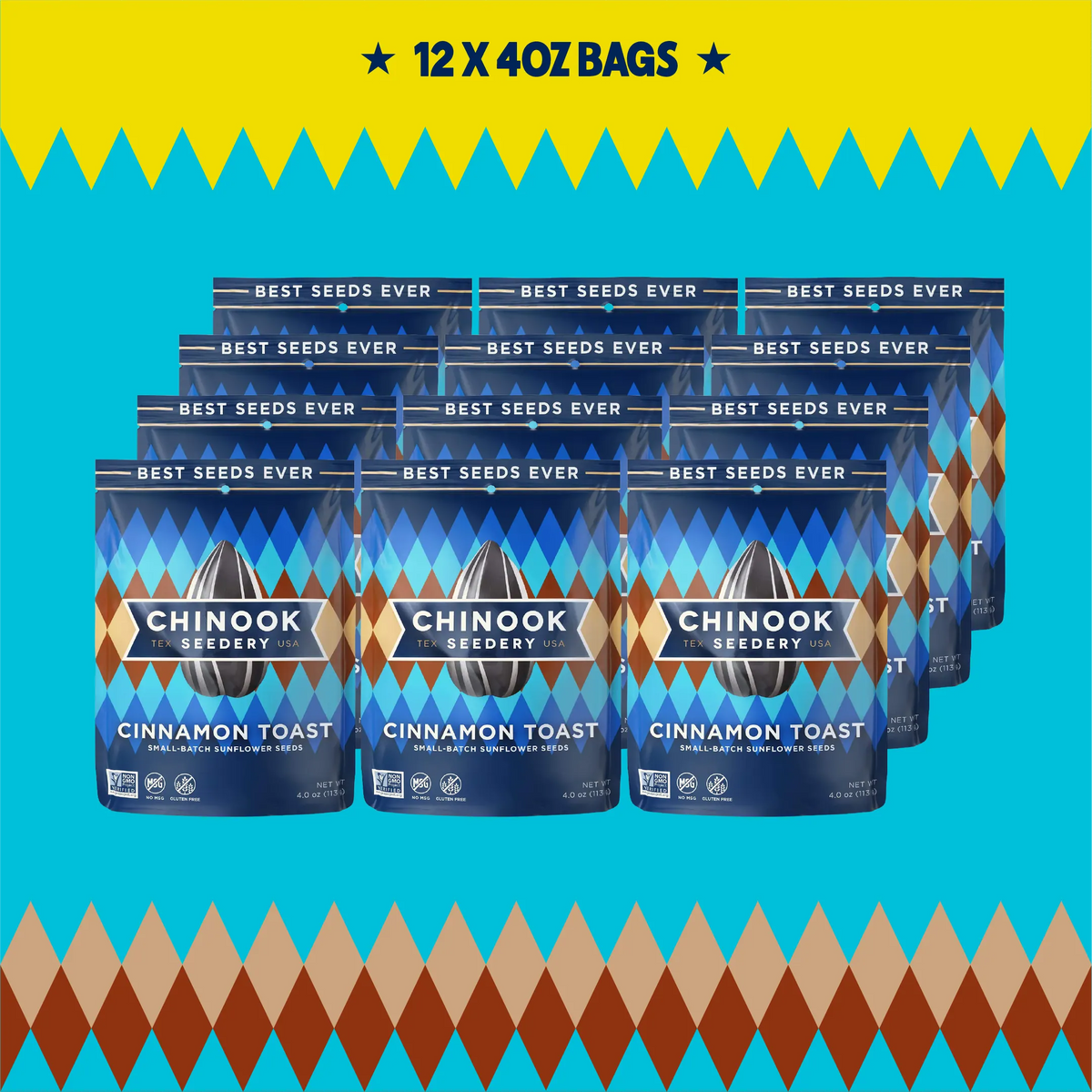 Case of 12 Cinnamon Toast 4 oz sunflower seed bags