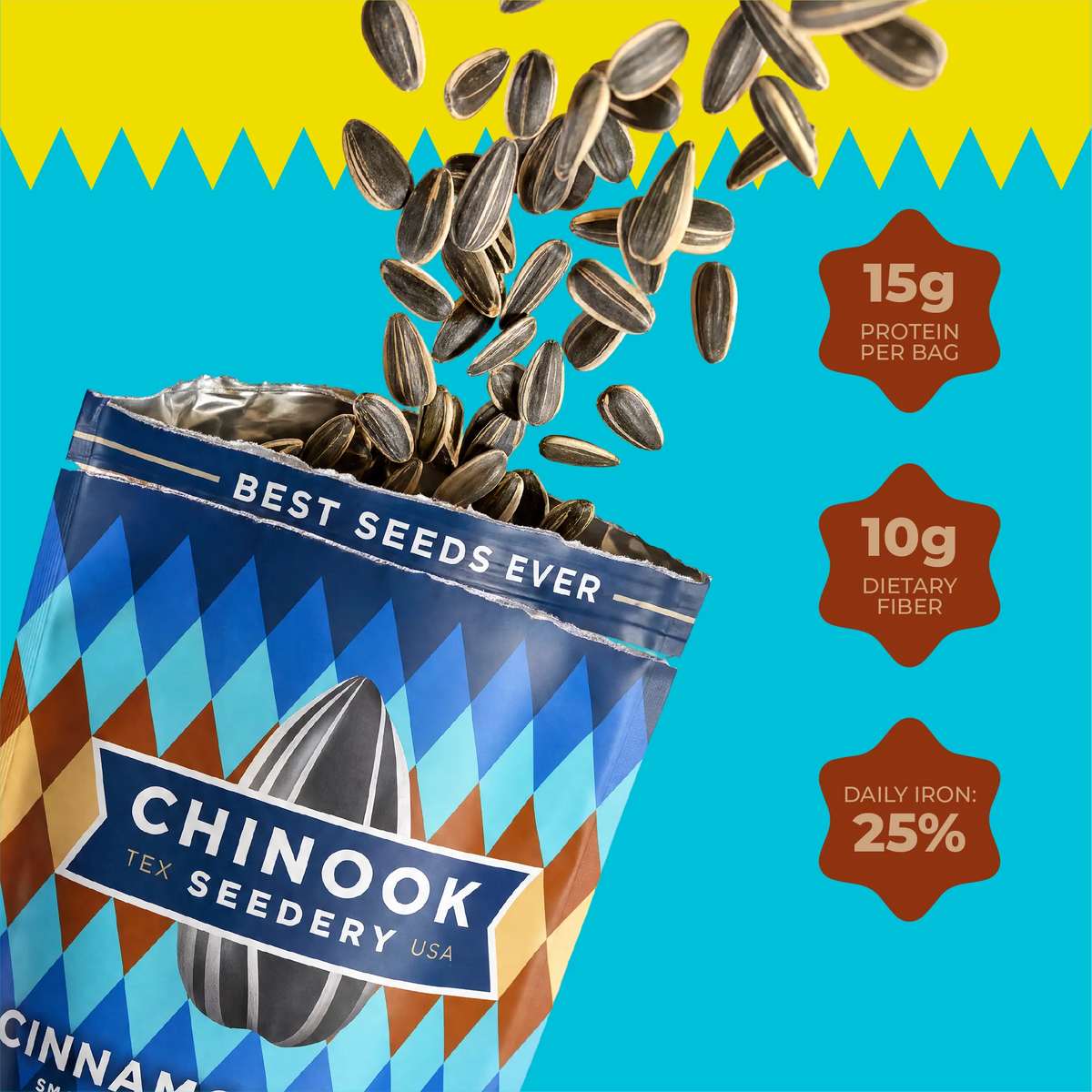 Open 4 oz bag of Cinnamon Toast sunflower seeds with seeds spilling out