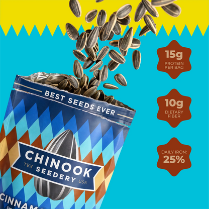 Open 4 oz bag of Cinnamon Toast sunflower seeds with seeds spilling out