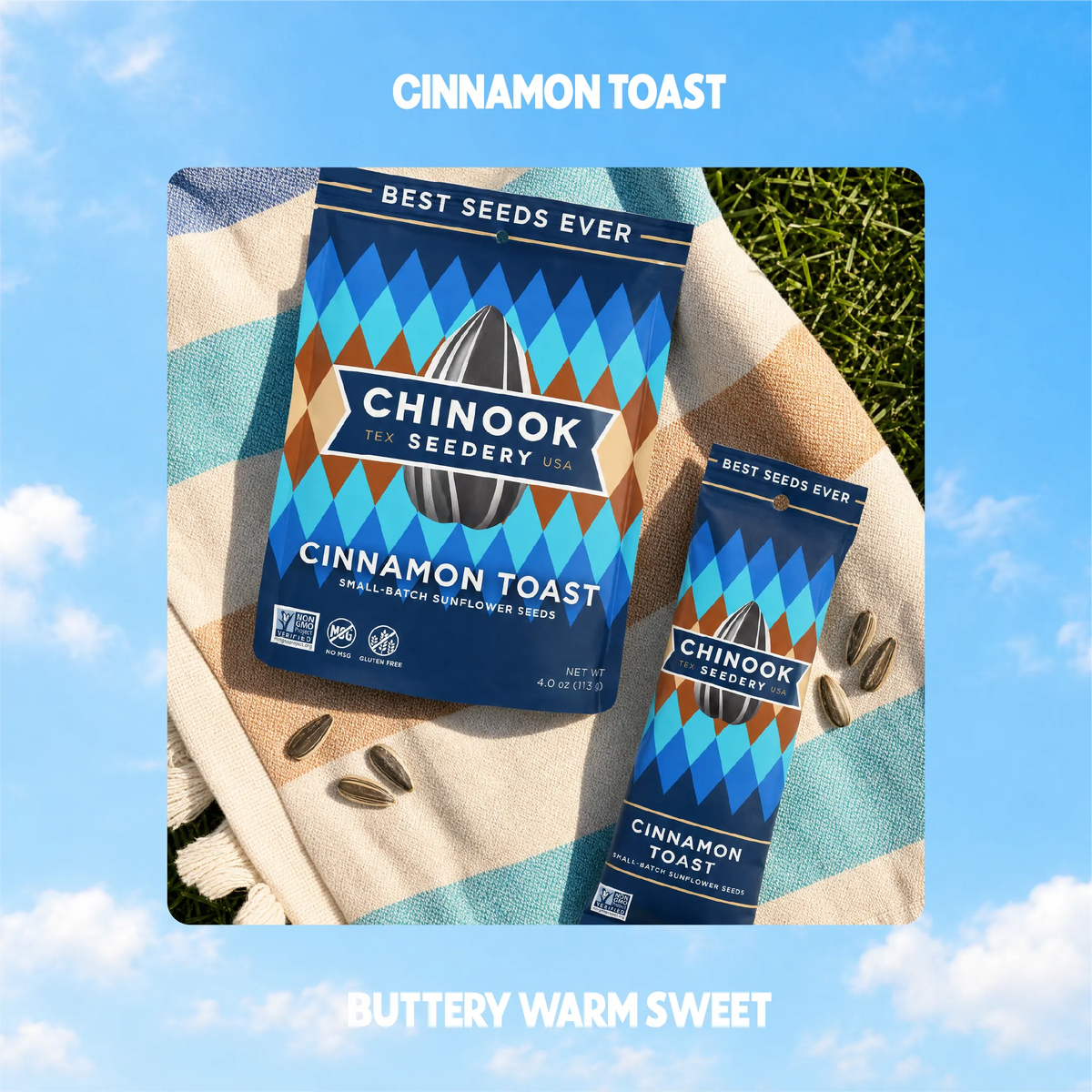 Cinnamon Toast sunflower seeds in 4 oz and 1.5 oz bags on a striped beach towel