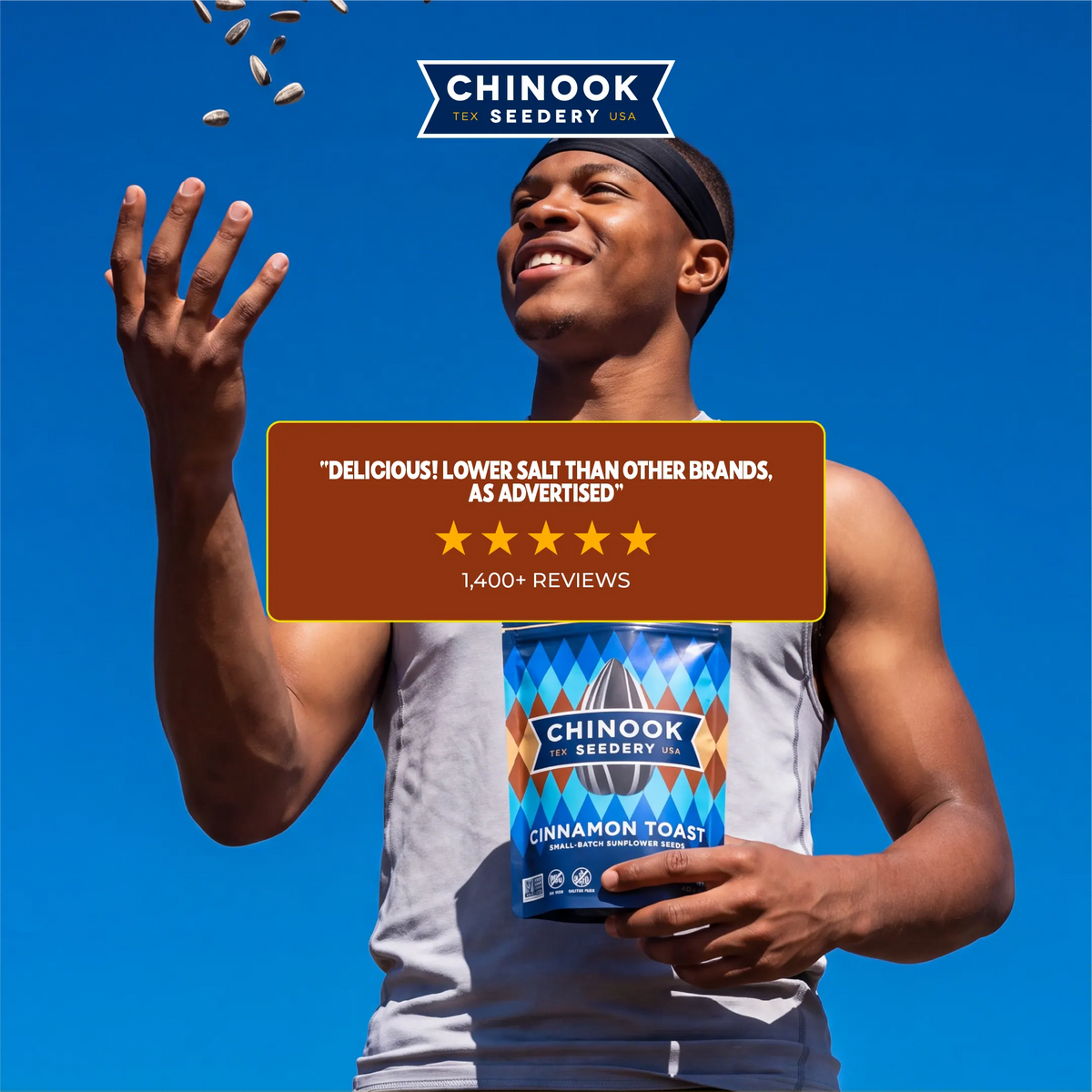 Customer tossing sunflower seeds while holding a 4 oz bag of Cinnamon Toast sunflower seeds, with a five-star review