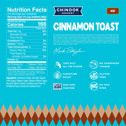 Cinnamon Toast 4 oz bag nutrition facts panel and ingredient list with a note from founder Mark Pettyjohn