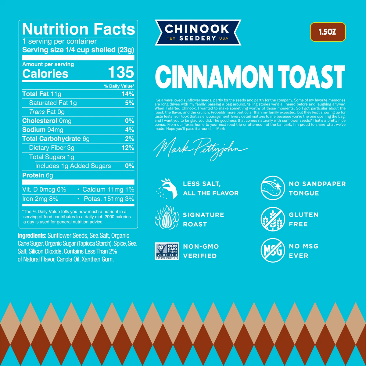Cinnamon Toast 1.5 oz bag nutrition facts panel and ingredient list with a note from founder Mark Pettyjohn