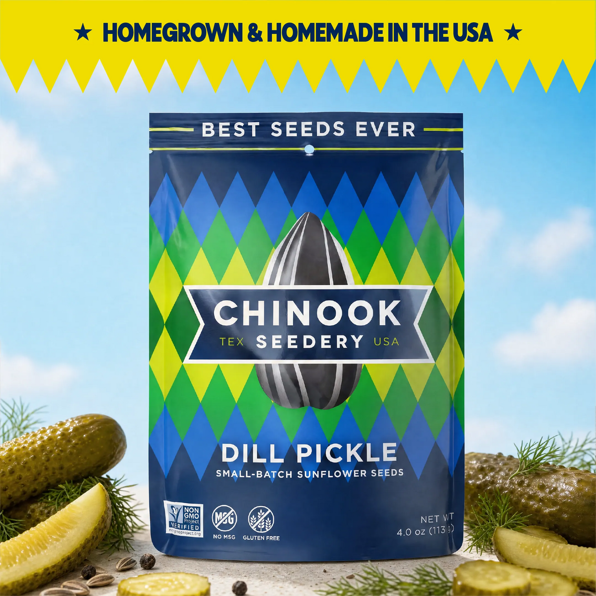 Chinook Seedery Dill Pickle sunflower seeds 4 oz bag