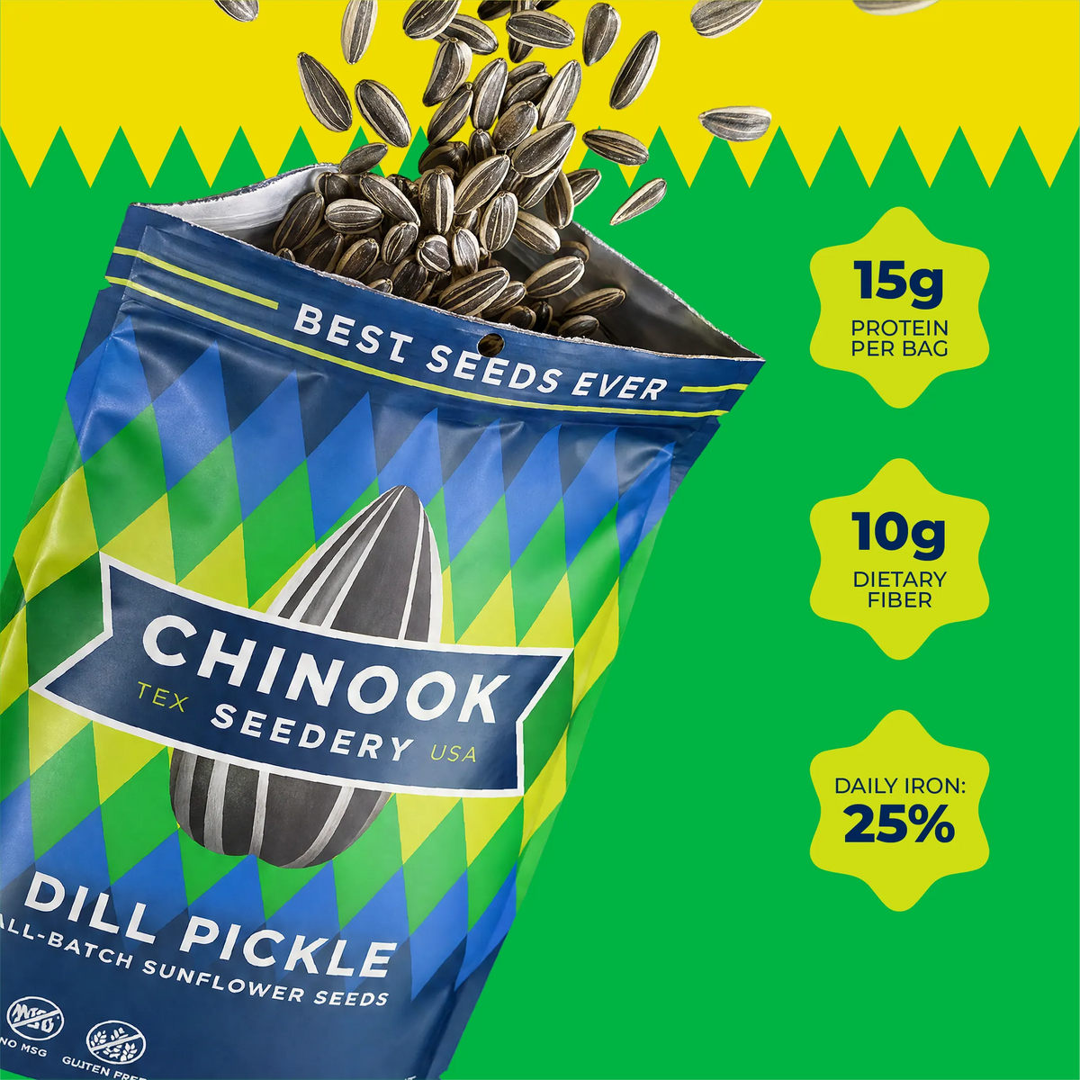 Open 4 oz bag of Dill Pickle sunflower seeds with seeds spilling out