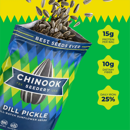 Open 4 oz bag of Dill Pickle sunflower seeds with seeds spilling out