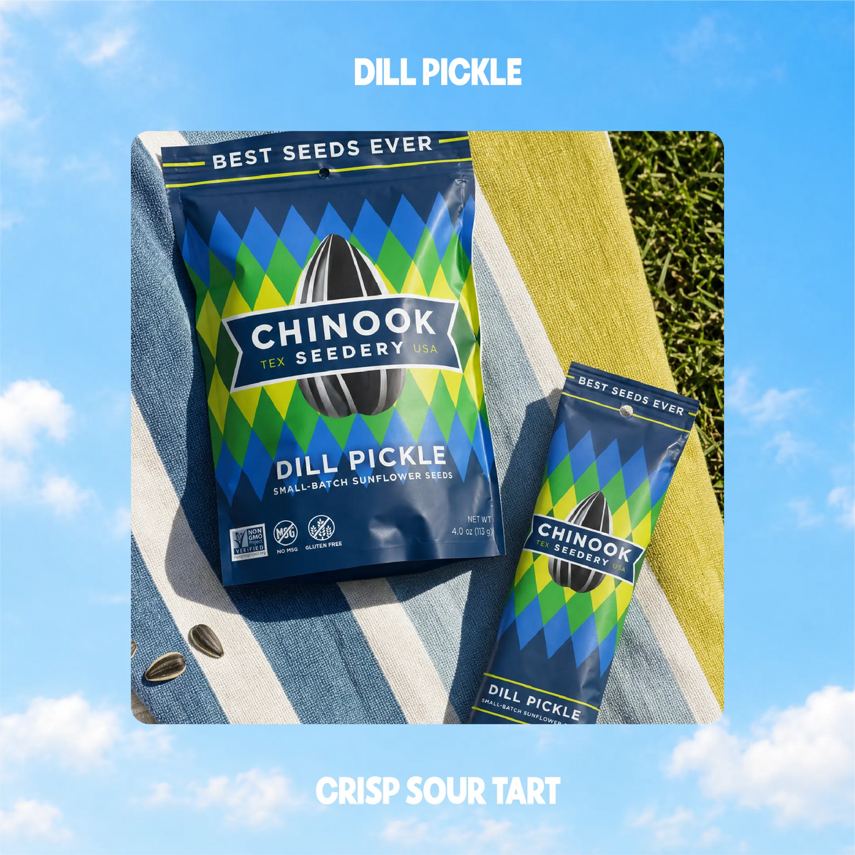 Dill Pickle sunflower seeds in 4 oz and 1.5 oz bags on a striped beach towel