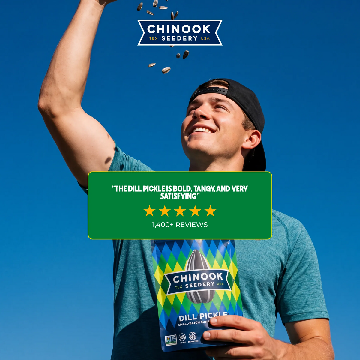 Customer tossing sunflower seeds while holding a 4 oz bag of Dill Pickle sunflower seeds, with a five-star review