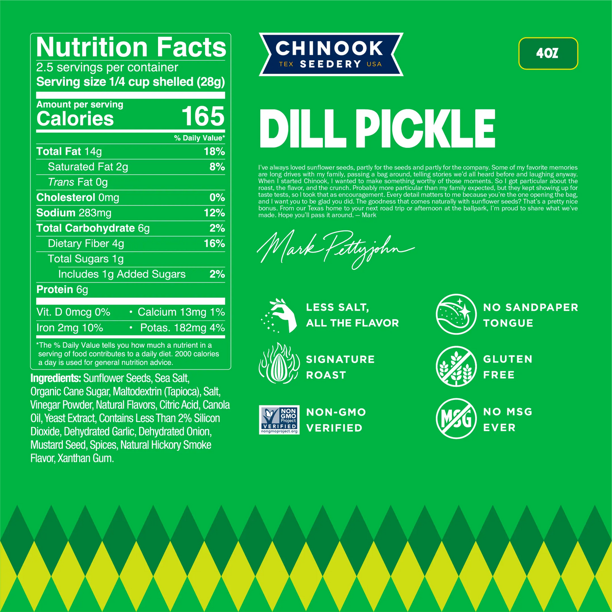 Dill Pickle 4 oz bag nutrition facts panel and ingredient list with a note from founder Mark Pettyjohn