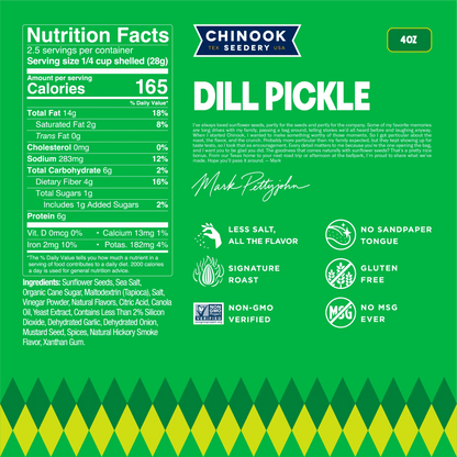 Dill Pickle 4 oz bag nutrition facts panel and ingredient list with a note from founder Mark Pettyjohn