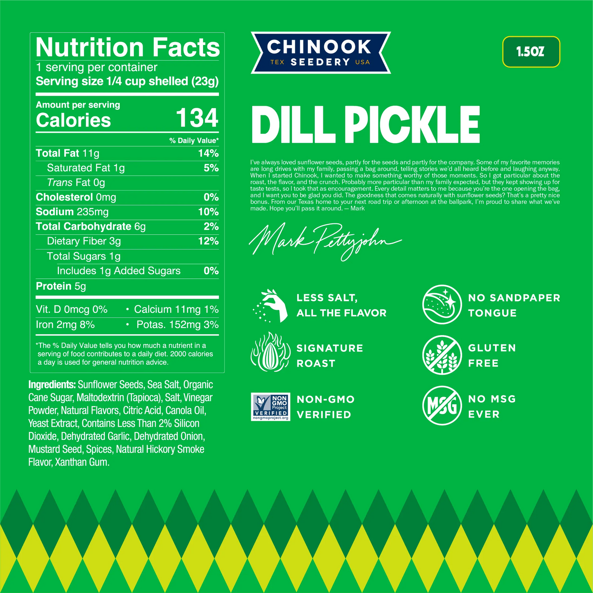Dill Pickle 1.5 oz bag nutrition facts panel and ingredient list with a note from founder Mark Pettyjohn