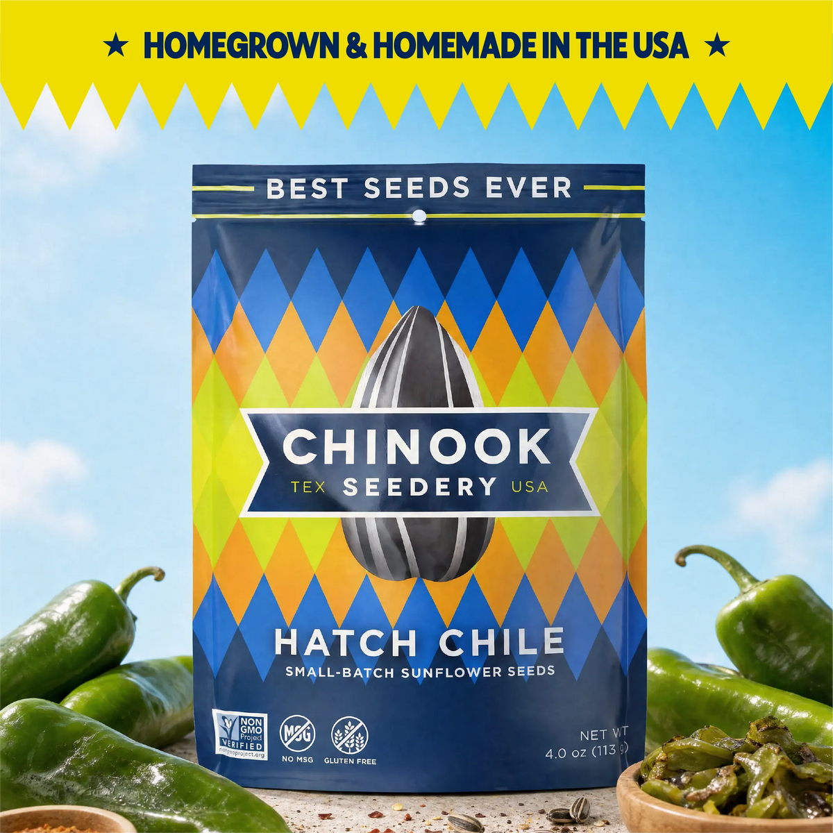 Chinook Seedery Hatch Chile sunflower seeds 4 oz bag