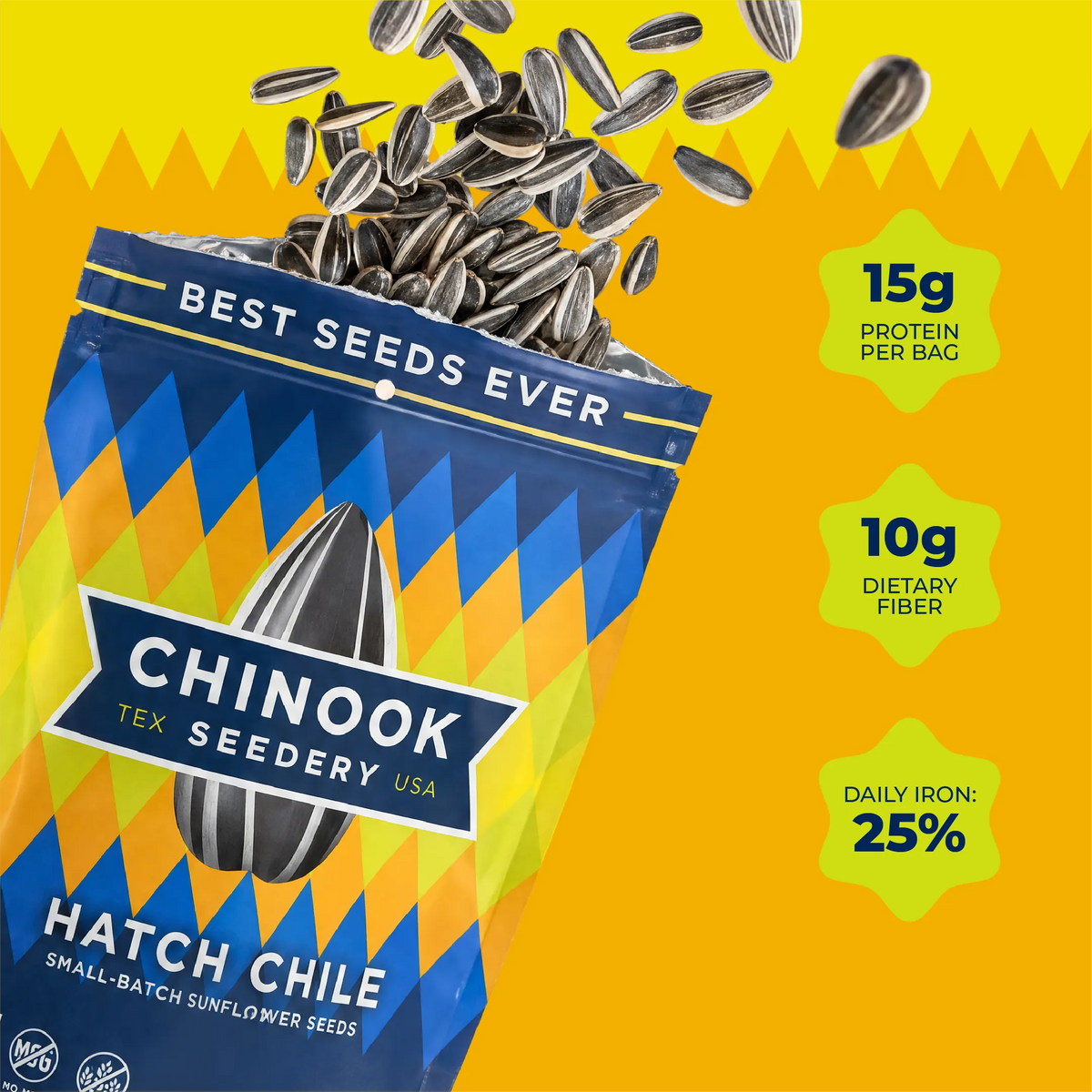 Open 4 oz bag of Hatch Chile sunflower seeds with seeds spilling out