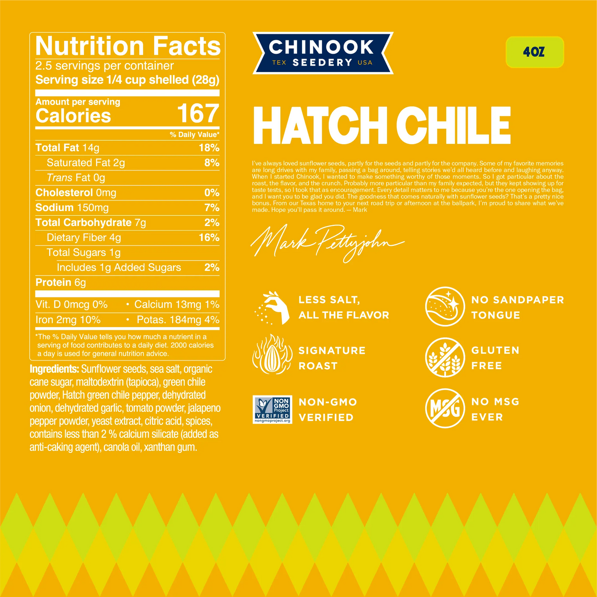 Hatch Chile 4 oz bag nutrition facts panel and ingredient list with a note from founder Mark Pettyjohn