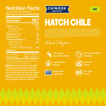 Hatch Chile 4 oz bag nutrition facts panel and ingredient list with a note from founder Mark Pettyjohn