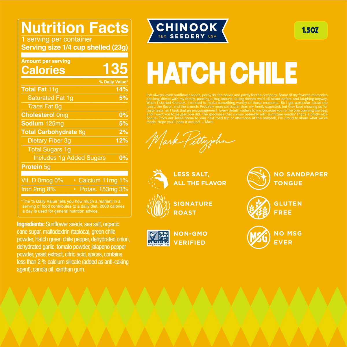 Hatch Chile 1.5 oz bag nutrition facts panel and ingredient list with a note from founder Mark Pettyjohn