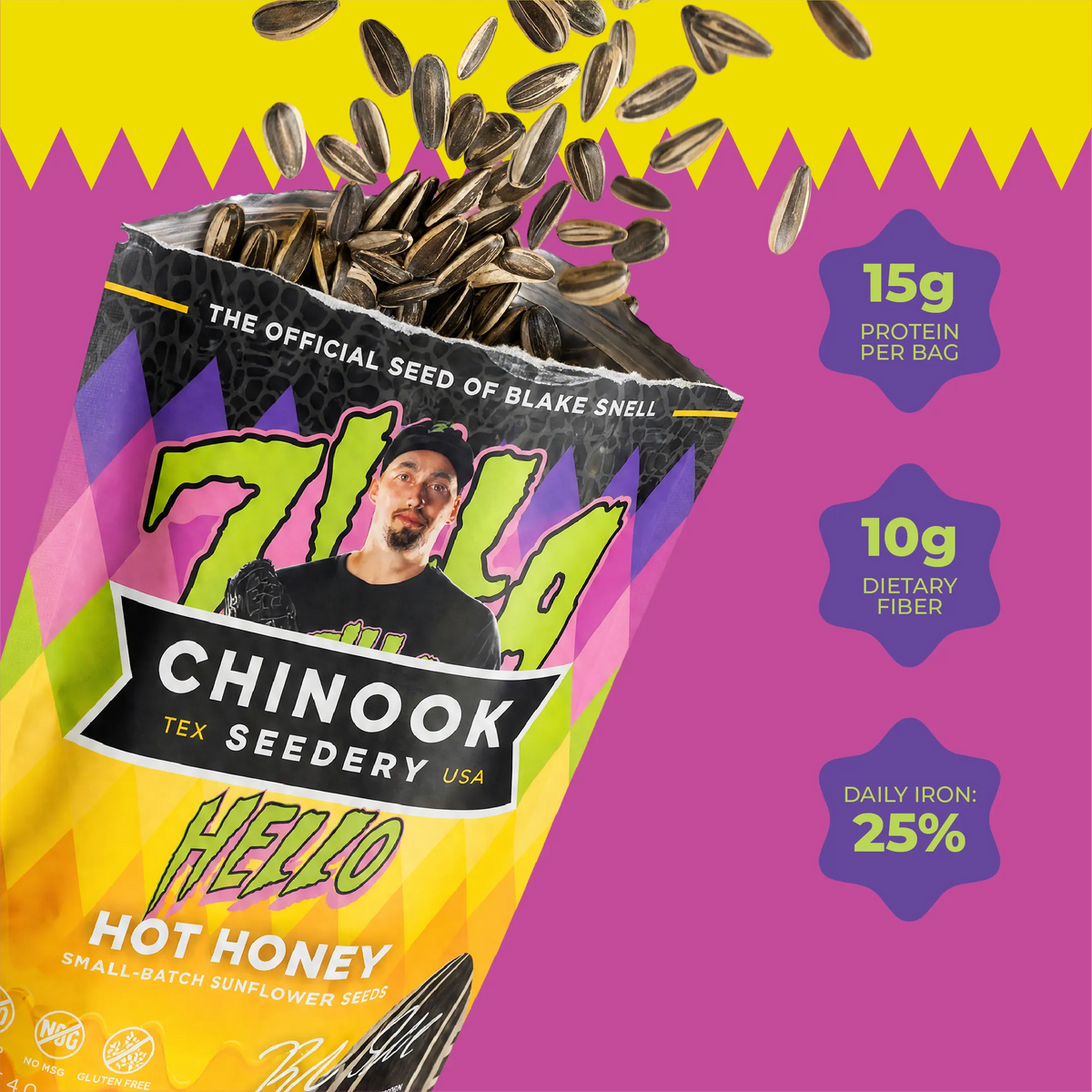 Open 4 oz bag of Hello Hot Honey sunflower seeds with seeds spilling out on a pink background