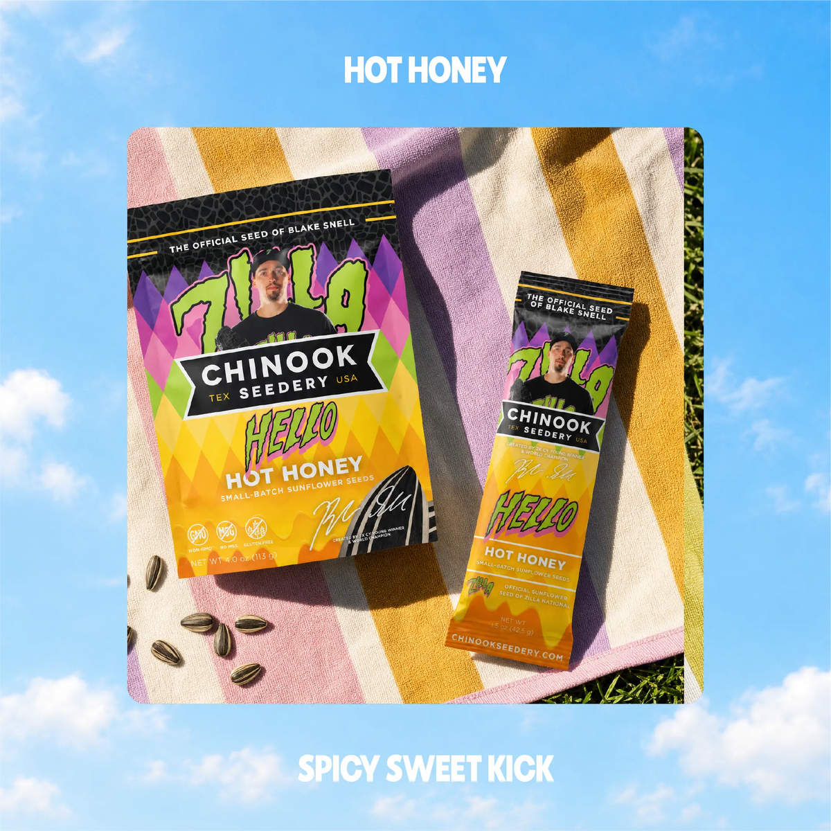 Hello Hot Honey sunflower seeds in 4 oz and 1.5 oz bags on a striped beach towel