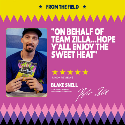 Blake Snell holding a bag of Hello Hot Honey sunflower seeds alongside his Team Zilla quote