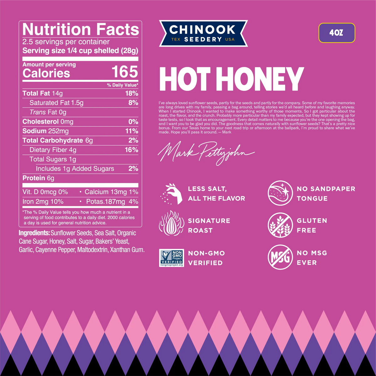 Hello Hot Honey 4 oz bag nutrition facts panel and ingredient list with a note from founder Mark Pettyjohn