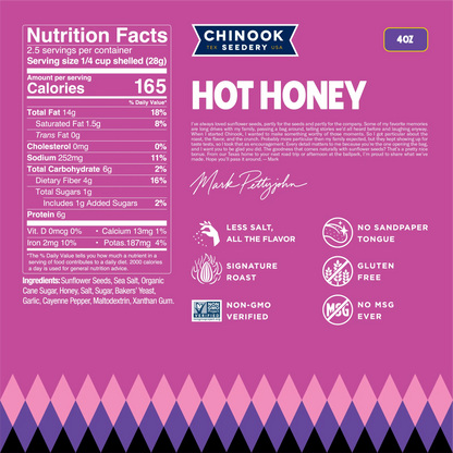 Hello Hot Honey 4 oz bag nutrition facts panel and ingredient list with a note from founder Mark Pettyjohn