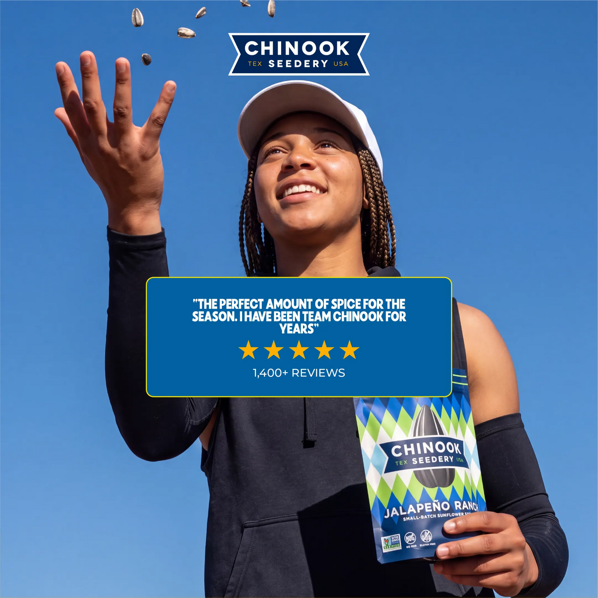 Customer tossing sunflower seeds while holding a 4 oz bag of Jalapeño Ranch sunflower seeds, with a five-star review