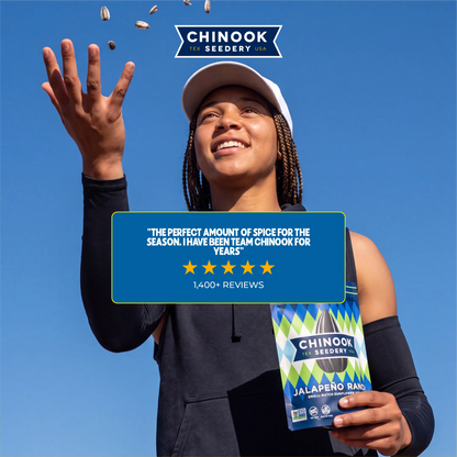 Customer tossing sunflower seeds while holding a 4 oz bag of Jalapeño Ranch sunflower seeds, with a five-star review