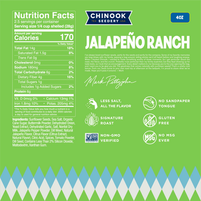 Jalapeño Ranch 4 oz bag nutrition facts panel and ingredient list with a note from founder Mark Pettyjohn