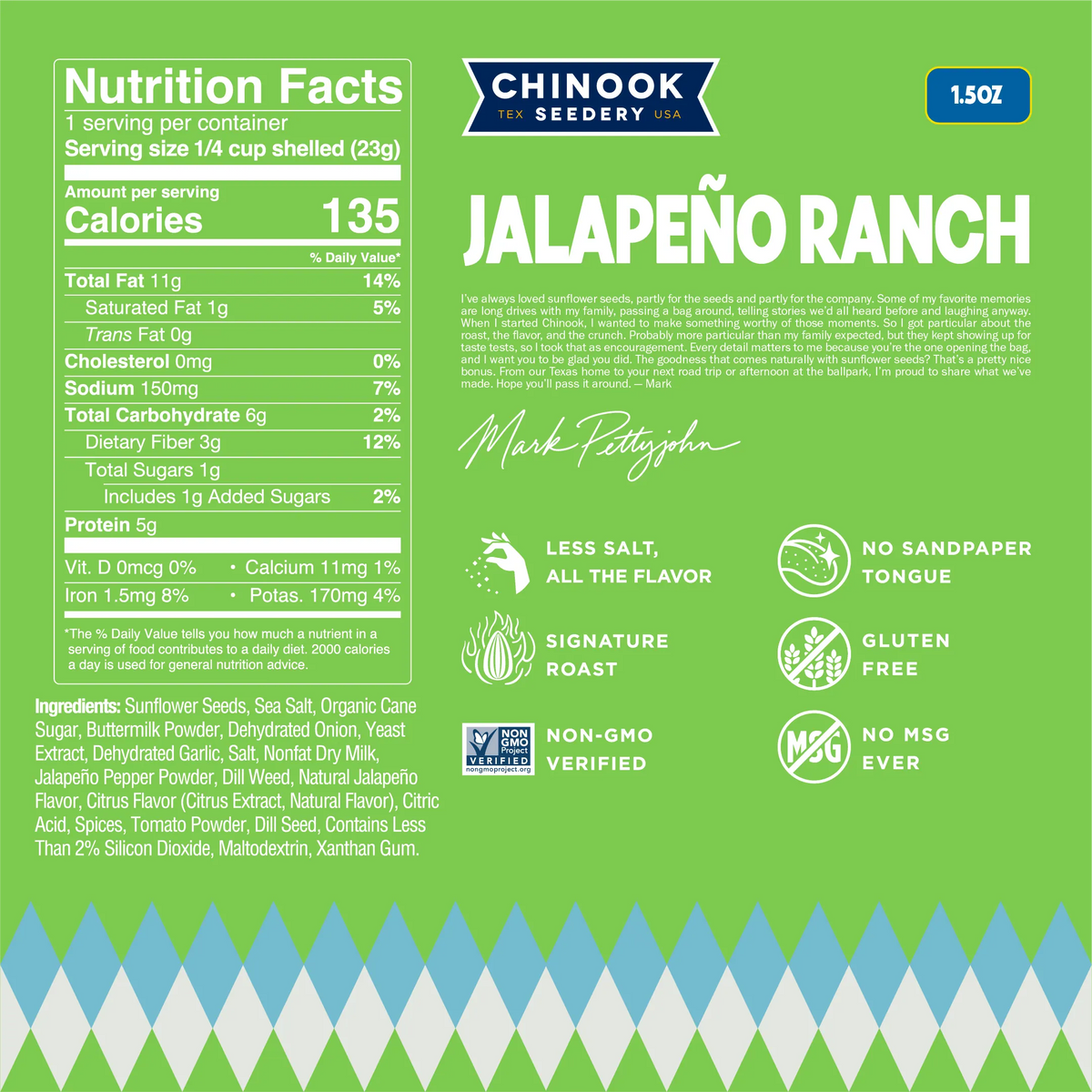 Jalapeño Ranch 1.5 oz bag nutrition facts panel and ingredient list with a note from founder Mark Pettyjohn