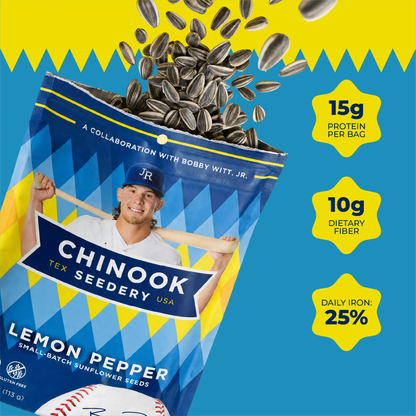 Open 4 oz bag of Lemon Pepper sunflower seeds with seeds spilling out