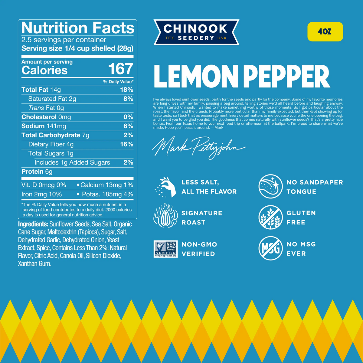 Lemon Pepper 4 oz bag nutrition facts panel and ingredient list with a note from founder Mark Pettyjohn