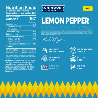 Lemon Pepper 4 oz bag nutrition facts panel and ingredient list with a note from founder Mark Pettyjohn