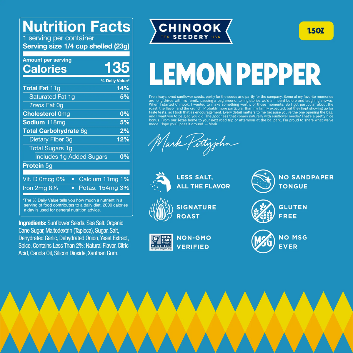 Lemon Pepper 1.5 oz bag nutrition facts panel and ingredient list with a note from founder Mark Pettyjohn