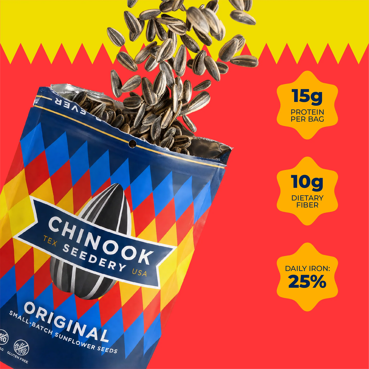Open 4 oz bag of Original sunflower seeds with seeds spilling out