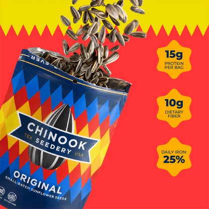 Open 4 oz bag of Original sunflower seeds with seeds spilling out