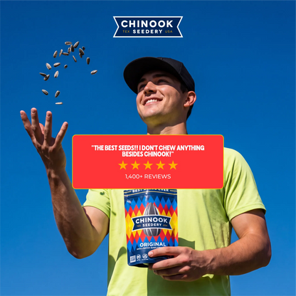 Customer tossing sunflower seeds while holding a 4 oz bag of Original sunflower seeds, with a five-star review