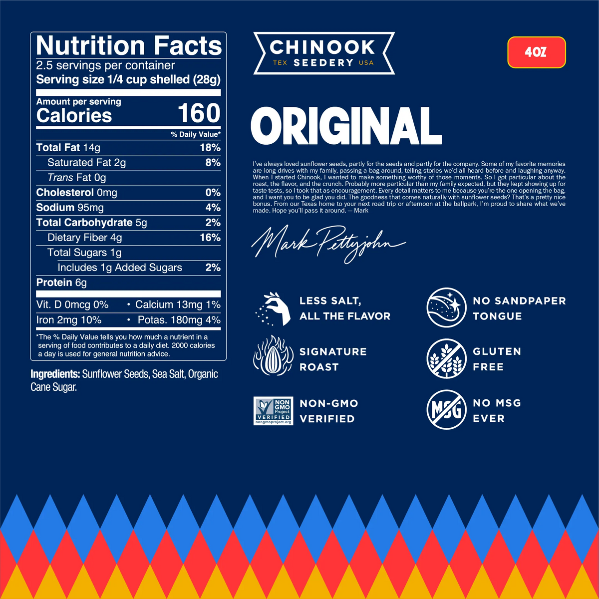 Original 4 oz bag nutrition facts panel and ingredient list with a note from founder Mark Pettyjohn
