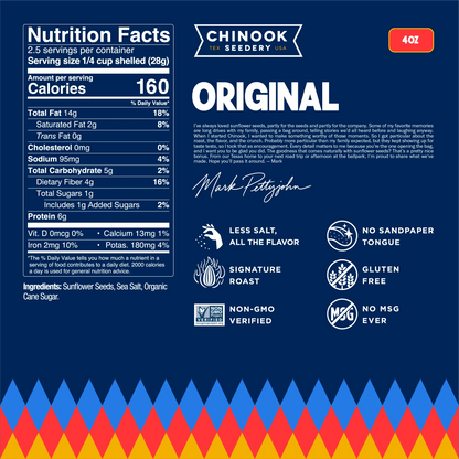 Original 4 oz bag nutrition facts panel and ingredient list with a note from founder Mark Pettyjohn