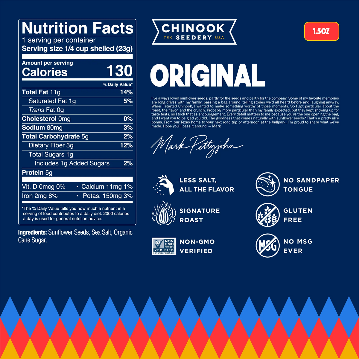 Original 1.5 oz bag nutrition facts panel and ingredient list with a note from founder Mark Pettyjohn